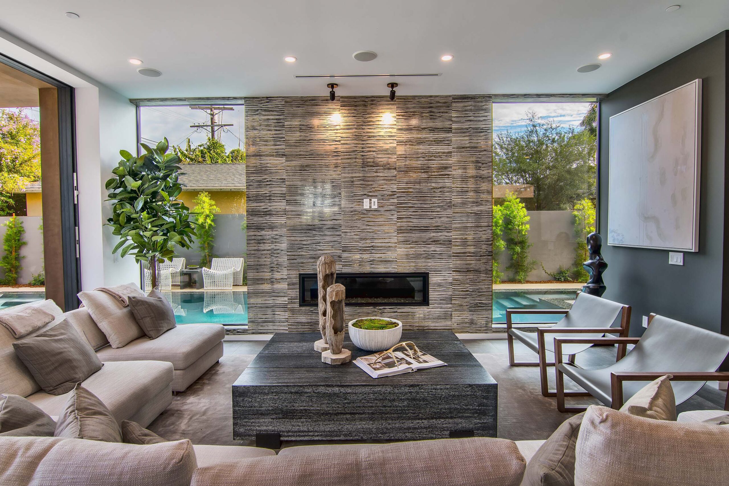 Modern living room with fireplace in California home
